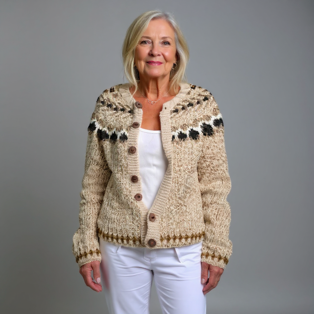 Women's beige Fair Isle knit cardigan with brown buttons and long sleeves