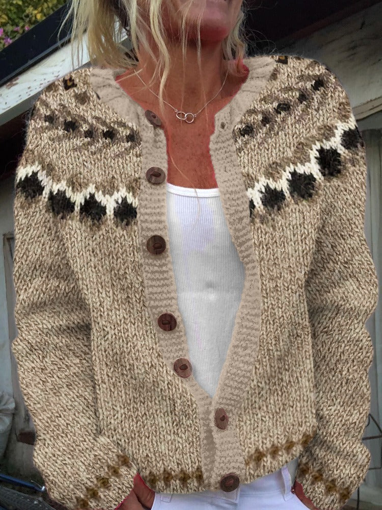 Women's beige Fair Isle knit cardigan with brown buttons and long sleeves