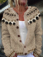Women's beige Fair Isle knit cardigan with brown buttons and long sleeves