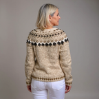 Women's beige Fair Isle knit cardigan with brown buttons and long sleeves