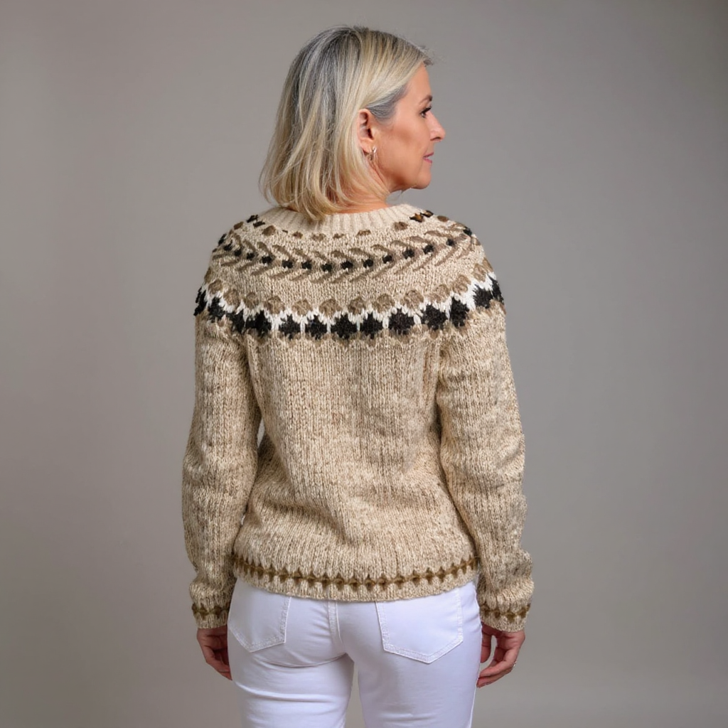 Women's beige Fair Isle knit cardigan with brown buttons and long sleeves