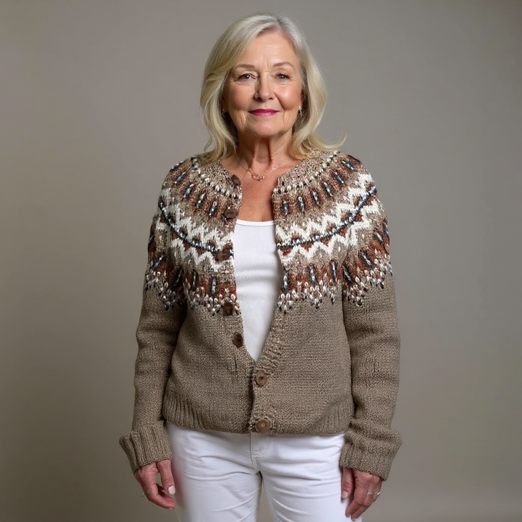 Women's brown Fair Isle cardigan with button front and long sleeves