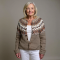 Women's brown Fair Isle cardigan with button front and long sleeves