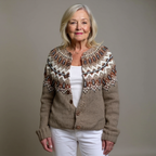 Women's brown Fair Isle cardigan with button front and long sleeves