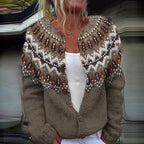 Women's brown Fair Isle cardigan with button front and long sleeves