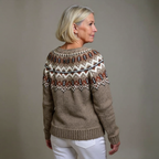 Women's brown Fair Isle cardigan with button front and long sleeves