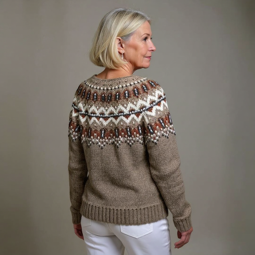 Women's brown Fair Isle cardigan with button front and long sleeves
