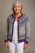 Women's grey Fair Isle cardigan with purple trim and flower buttons
