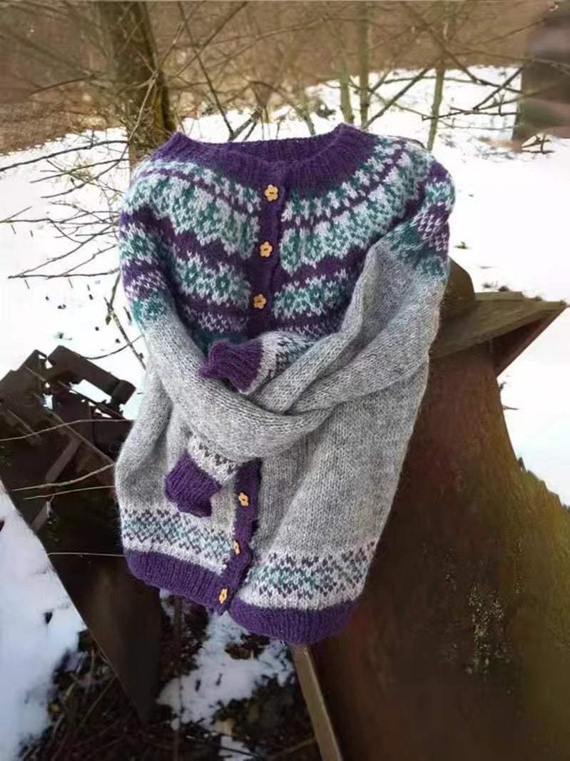 Women's grey Fair Isle cardigan with purple trim and flower buttons