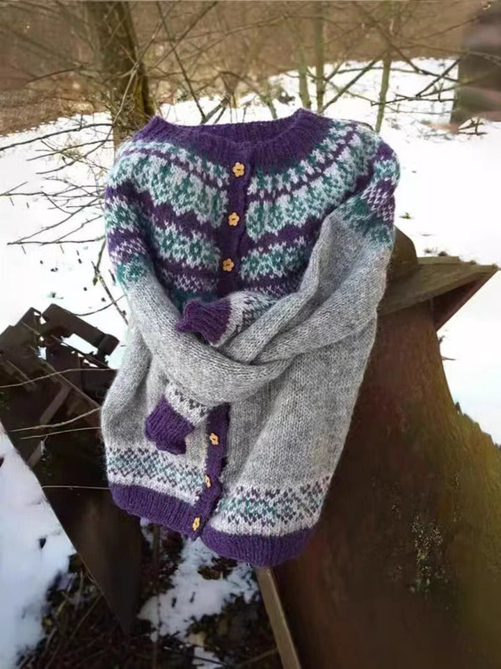 Women's grey Fair Isle cardigan with purple trim and flower buttons