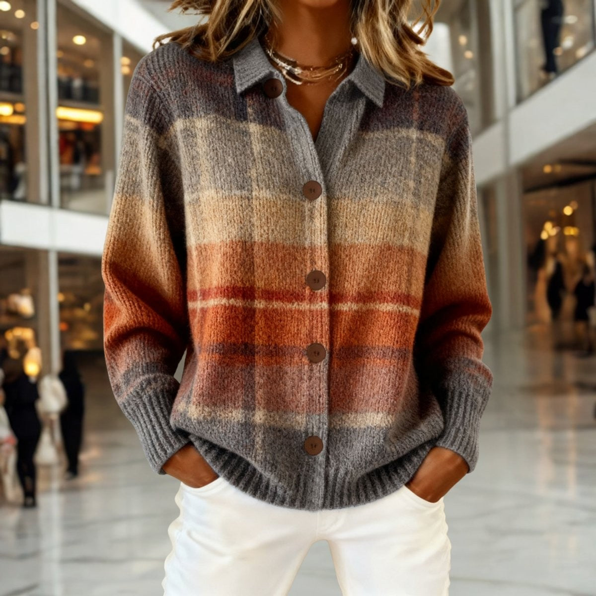 Women's multicolour plaid collared button-down cardigan with long sleeves
