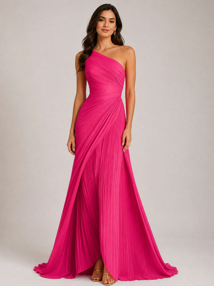 Women's Pleated One-Shoulder Maxi Dress in pink