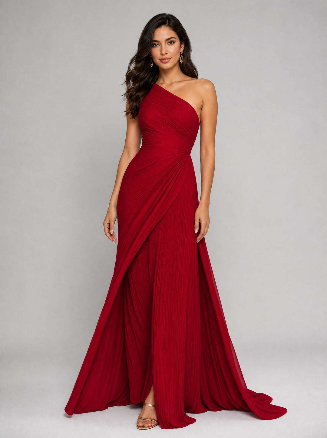 Women's Pleated One-Shoulder Maxi Dress in red