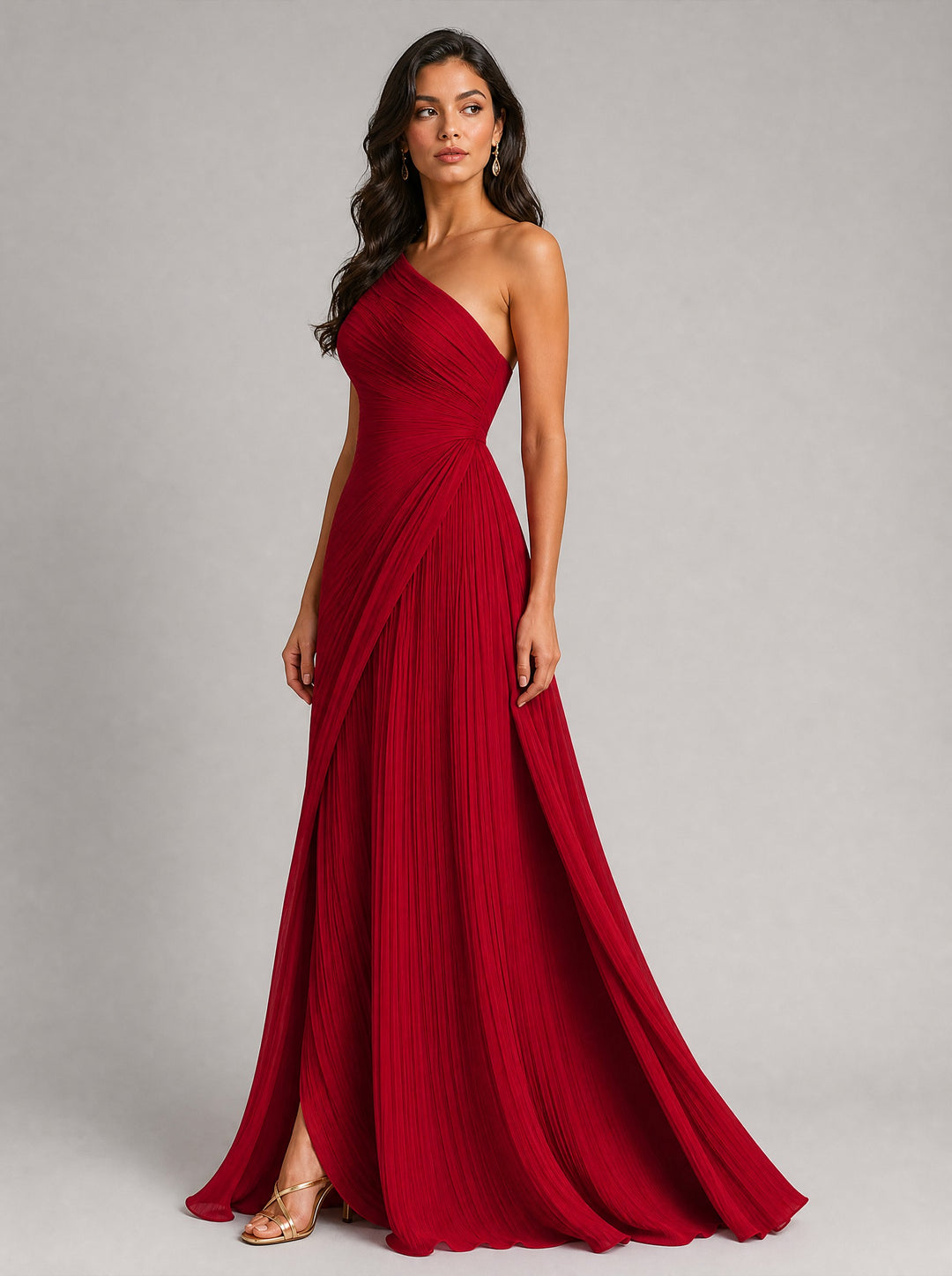 Women's Pleated One-Shoulder Maxi Dress in red