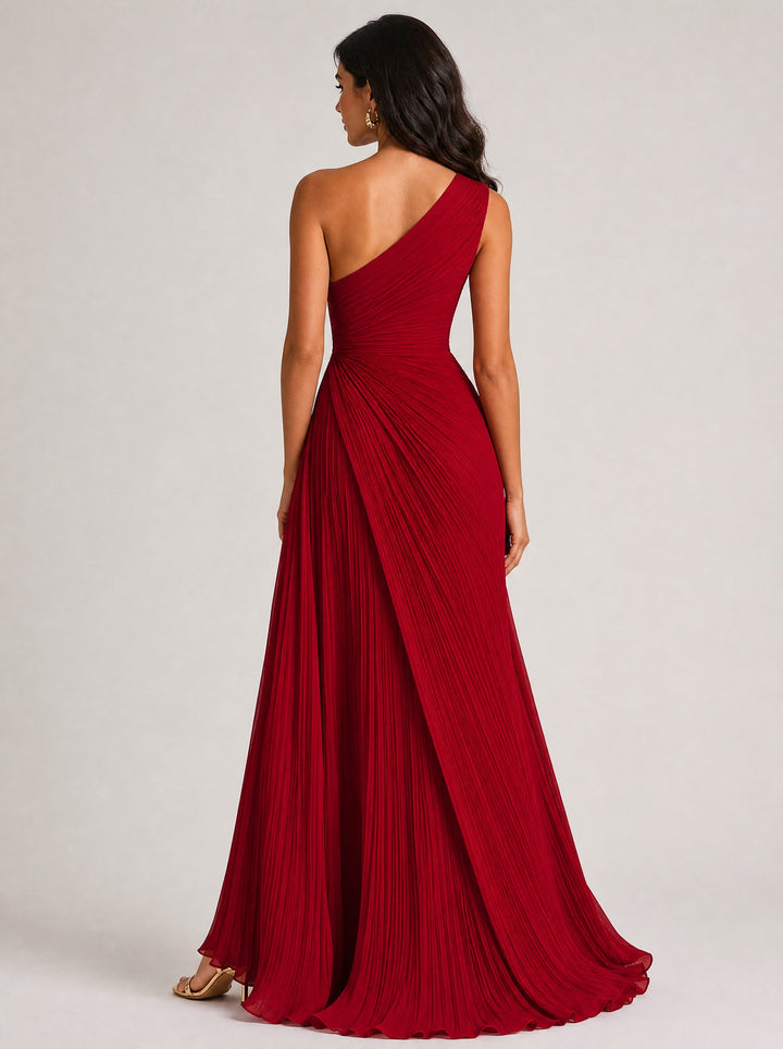 Women's Pleated One-Shoulder Maxi Dress in red