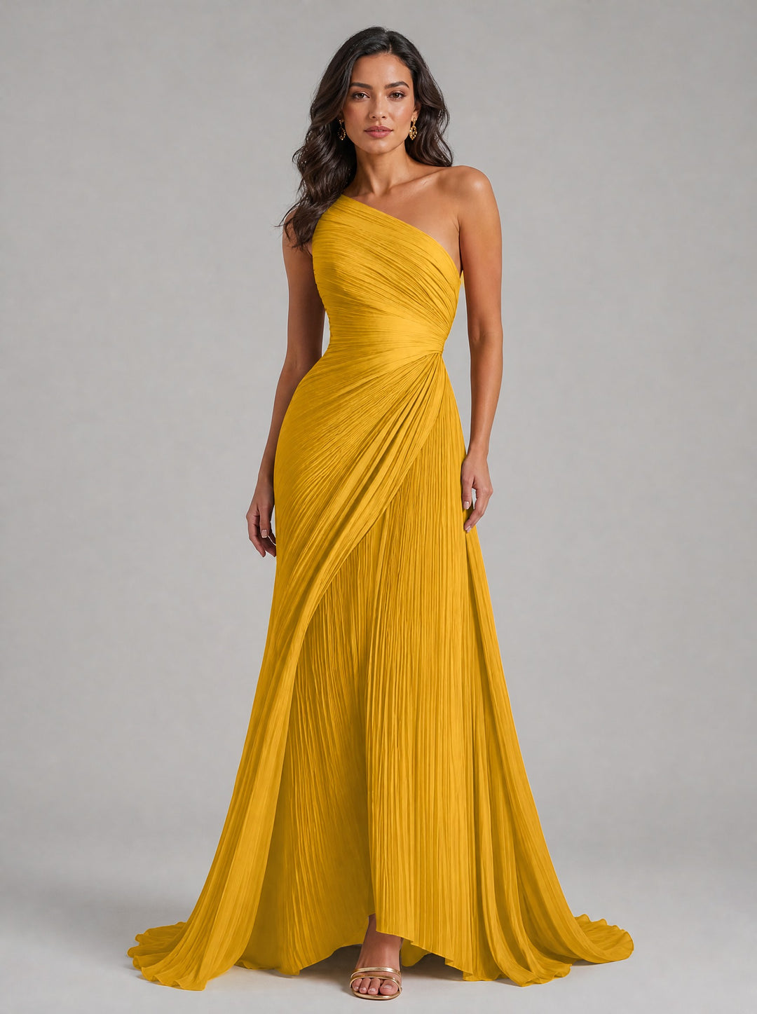Women's Pleated One-Shoulder Maxi Dress in yellow
