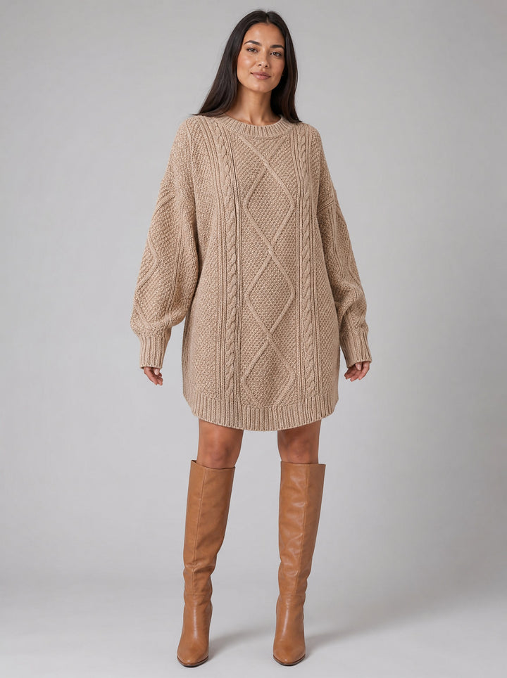 Women's Oversized Cable Knit Jumper Dress in beige