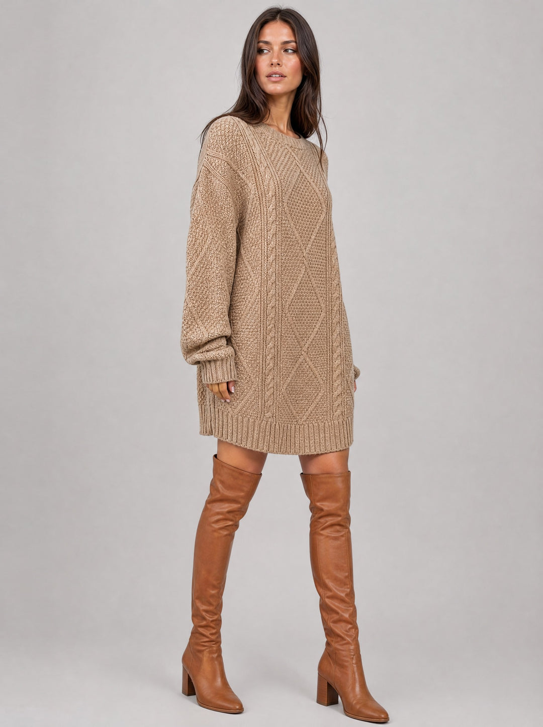 Women's Oversized Cable Knit Jumper Dress in beige