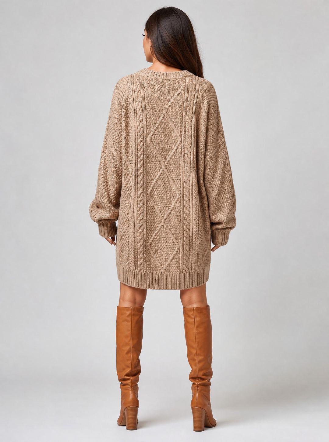 Women's Oversized Cable Knit Jumper Dress in beige