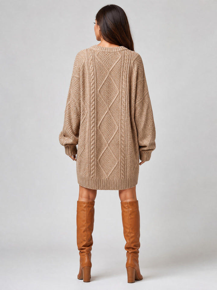 Women's Oversized Cable Knit Jumper Dress in beige