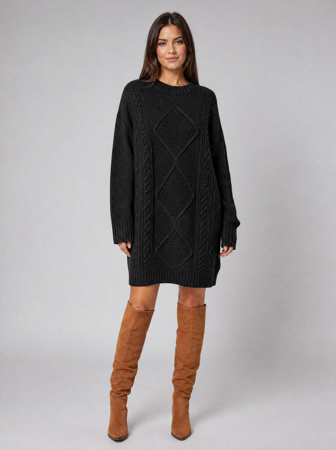 Women's Oversized Cable Knit Jumper Dress in black