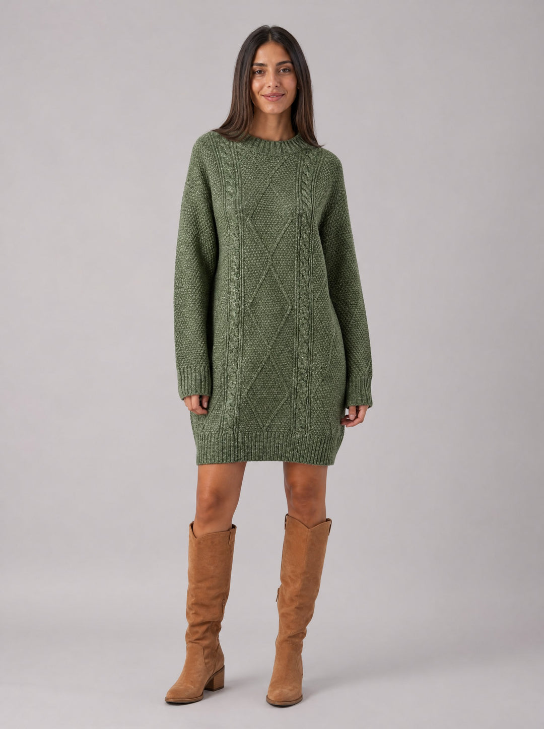 Women's Oversized Cable Knit Jumper Dress in green