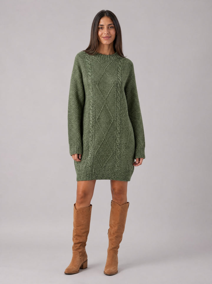 Women's Oversized Cable Knit Jumper Dress in green