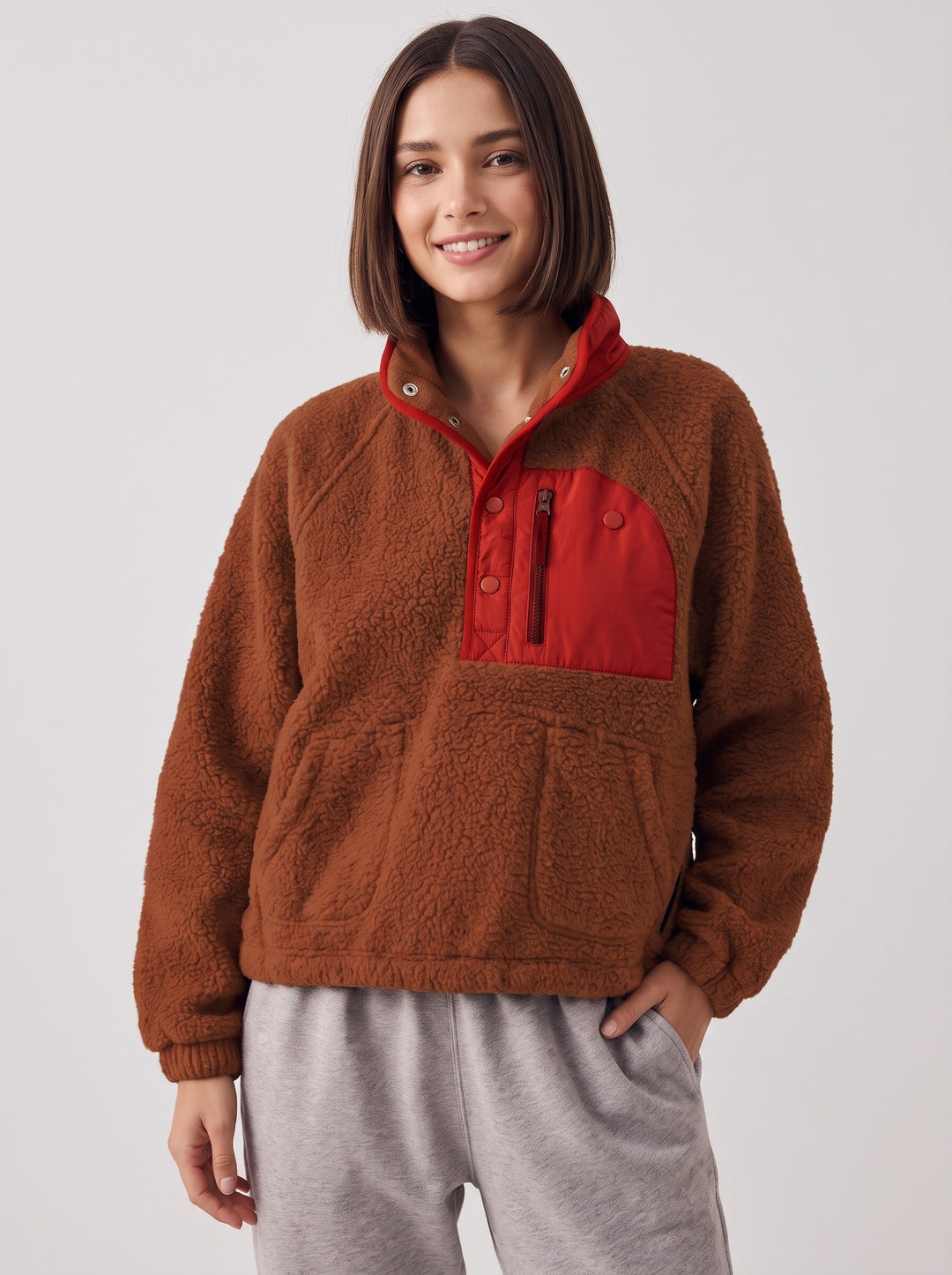 Women's Oversized Colour-Block Fleece in rust