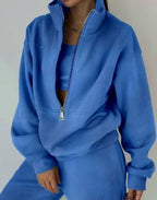 Women's cropped zip sweatshirt tracksuit set with wide-leg trousers