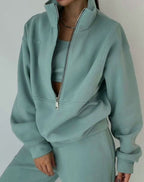 Women's cropped zip sweatshirt tracksuit set with wide-leg trousers