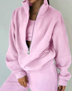 Women's cropped zip sweatshirt tracksuit set with wide-leg trousers