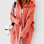 Women's oversized hooded open-front long cardigan with ribbed trims