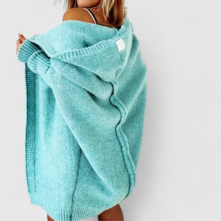 Women's oversized hooded open-front long cardigan with ribbed trims