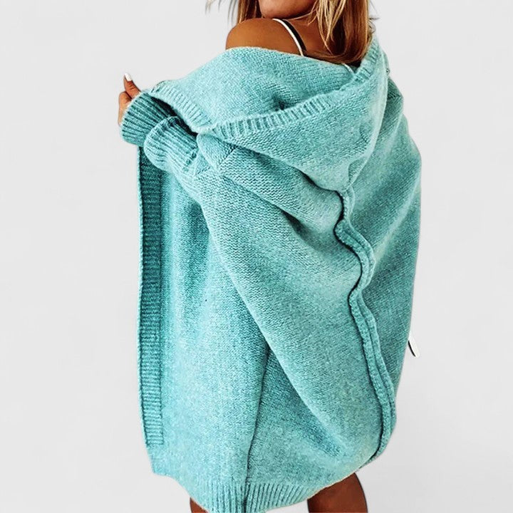 Women's oversized hooded open-front long cardigan with ribbed trims