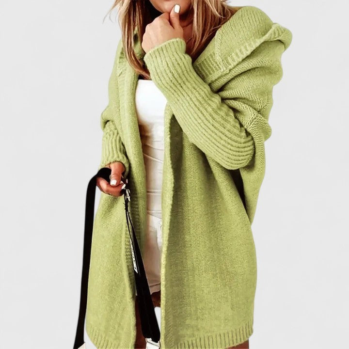 Women's oversized hooded open-front long cardigan with ribbed trims