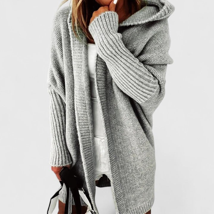 Women's oversized hooded open-front long cardigan with ribbed trims