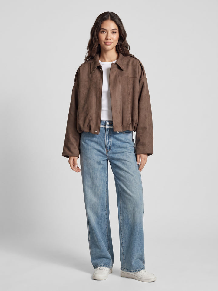 Women's Oversized Cropped Suede-Look Jacket in brown
