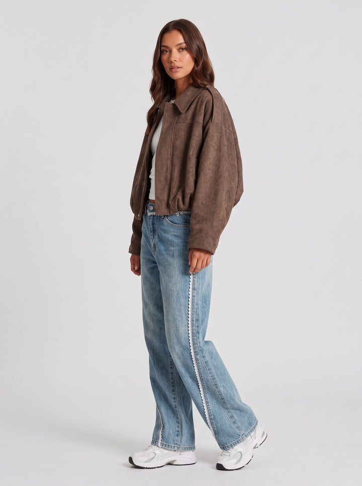 Women's Oversized Cropped Suede-Look Jacket in brown