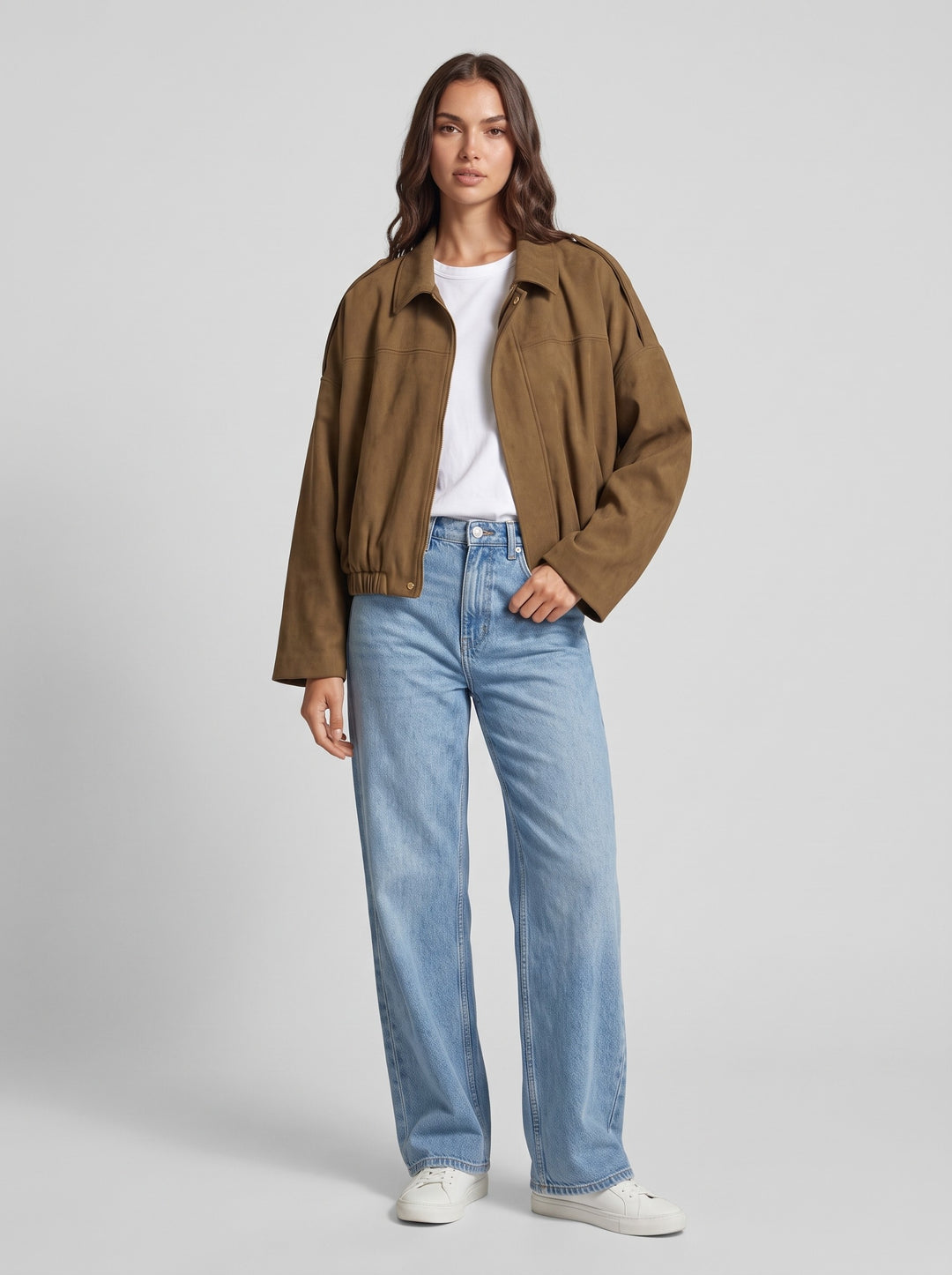 Women's Oversized Cropped Suede-Look Jacket in khaki