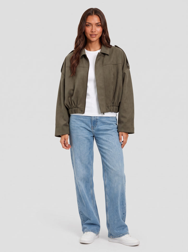Women's Oversized Cropped Suede-Look Jacket in olive green