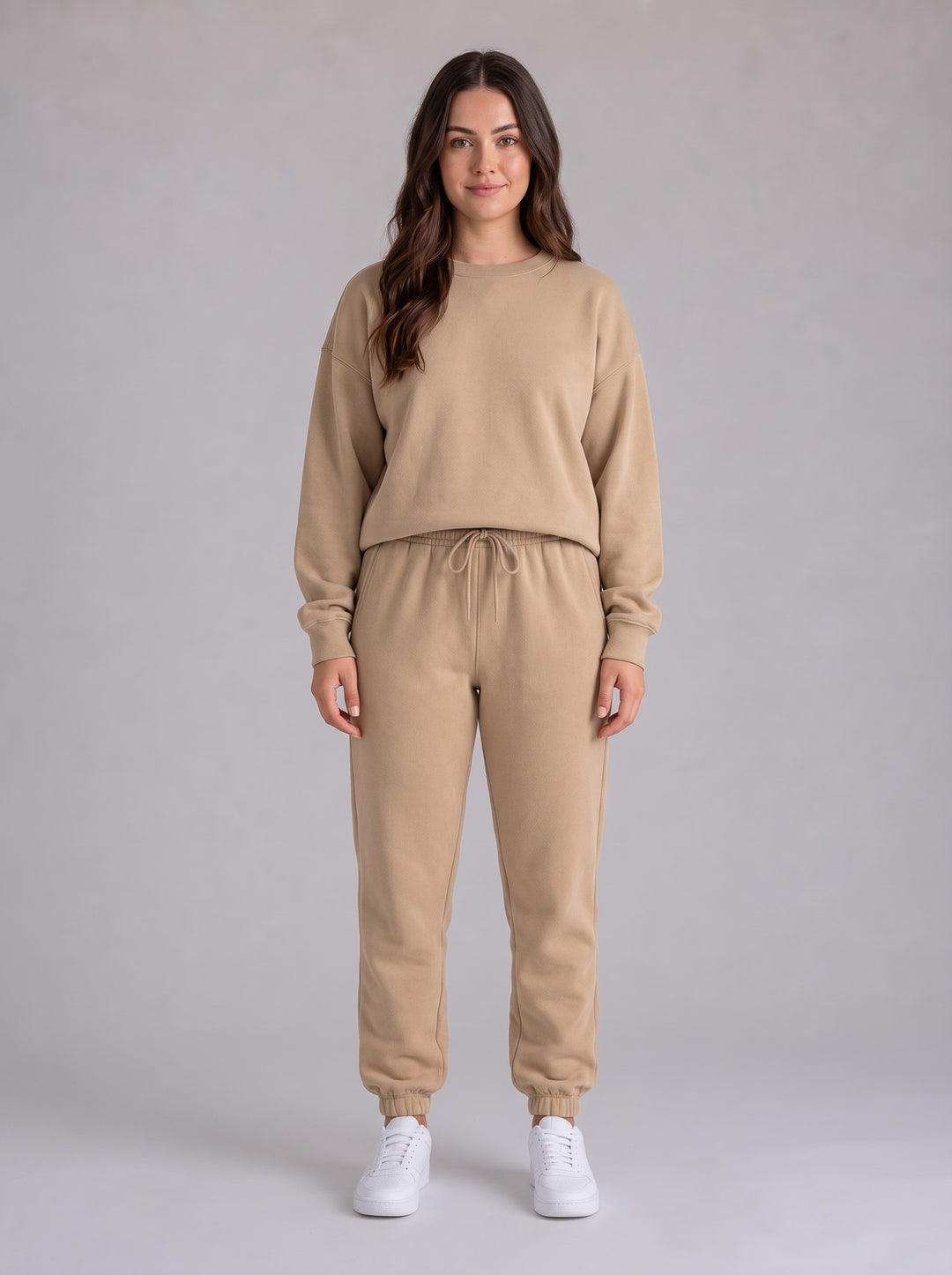 Women's Oversized Crew Neck Tracksuit Set in beige