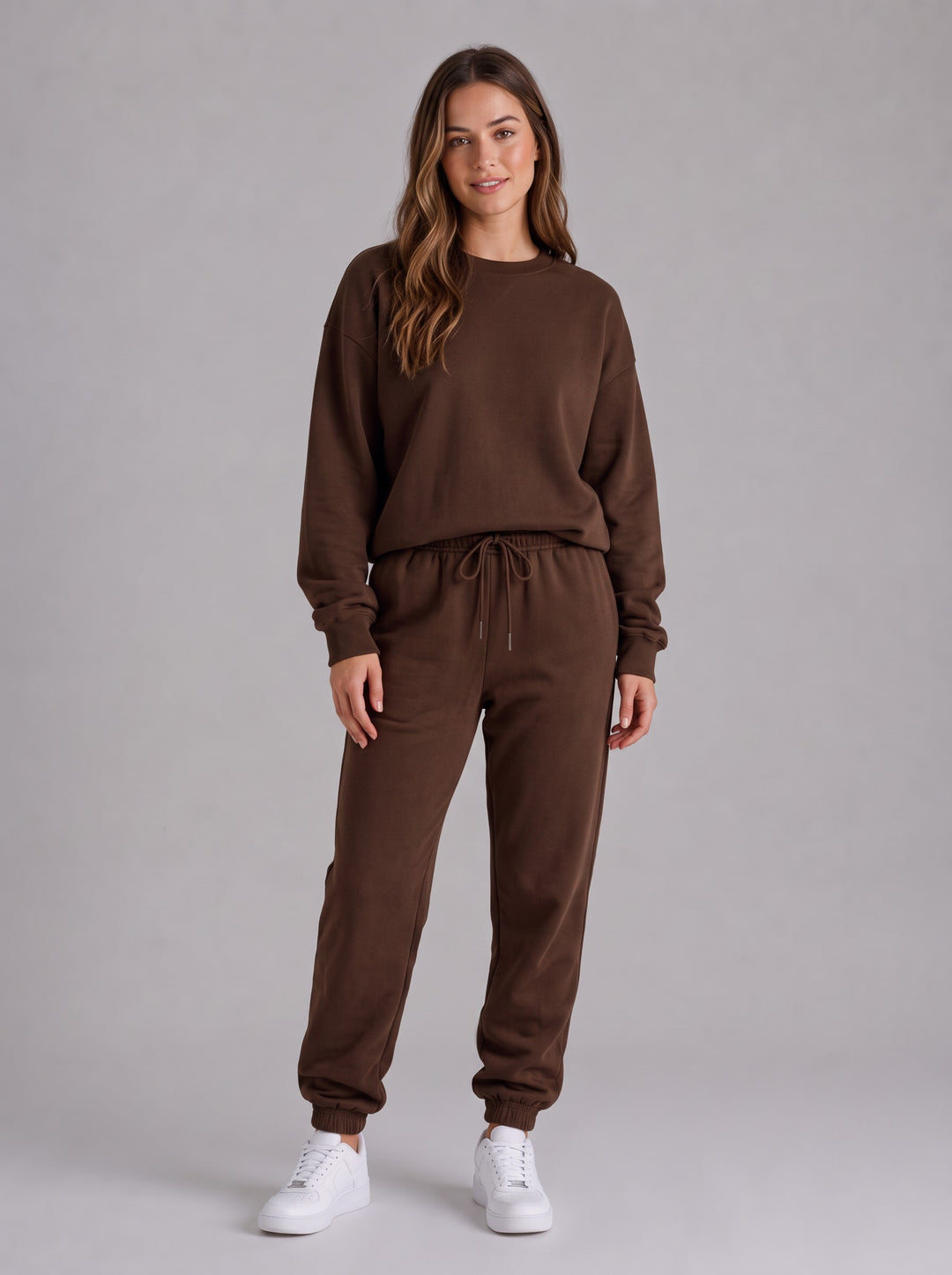 Women's Oversized Crew Neck Tracksuit Set in brown
