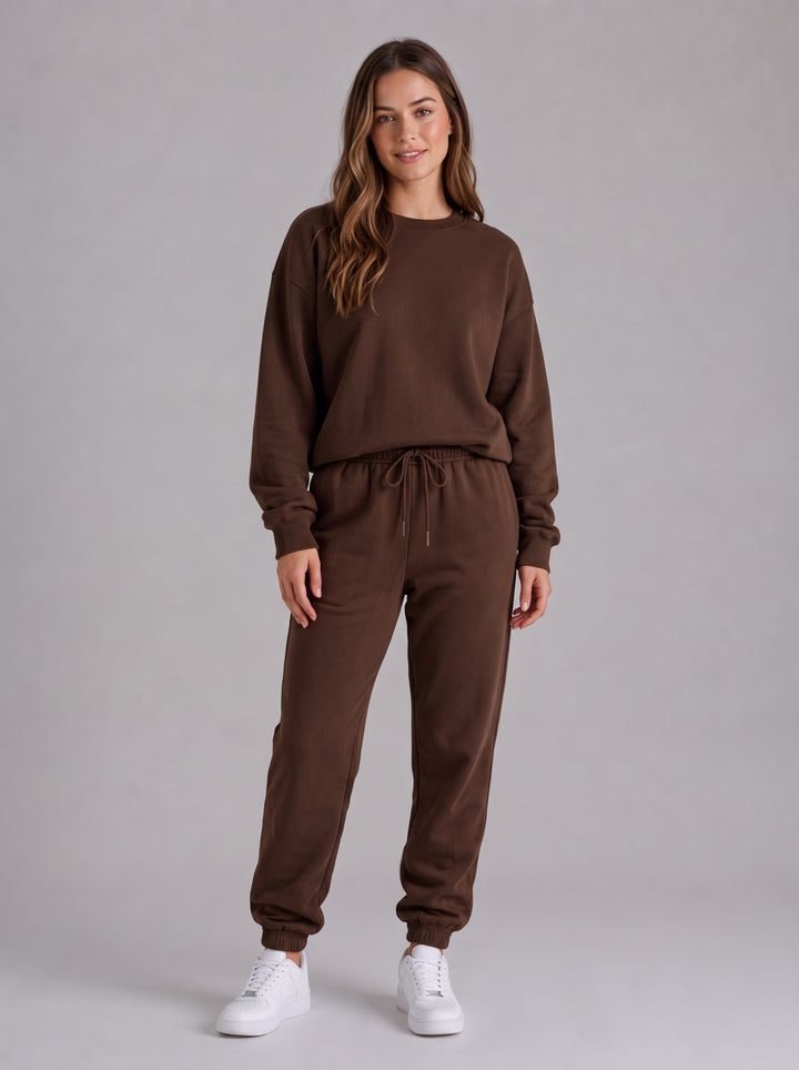 Women's Oversized Crew Neck Tracksuit Set in brown