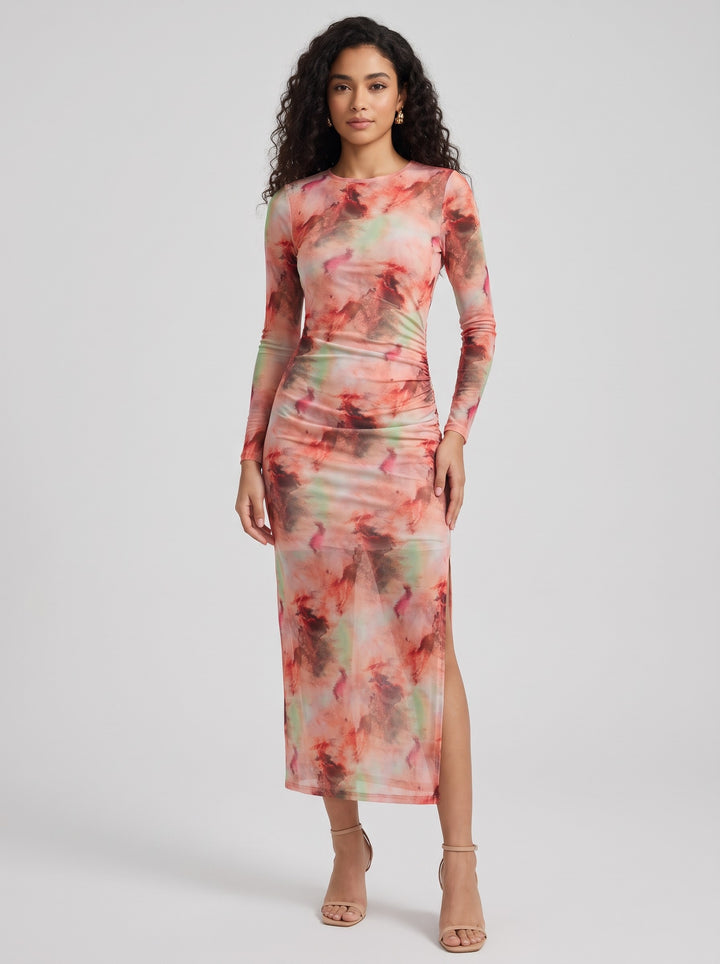 Women's Printed Mesh Party Dress in pink