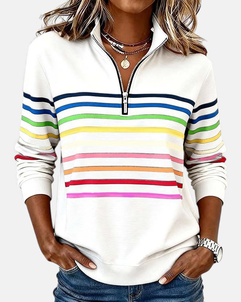 Women's multicolour striped quarter zip sweatshirt with long sleeves