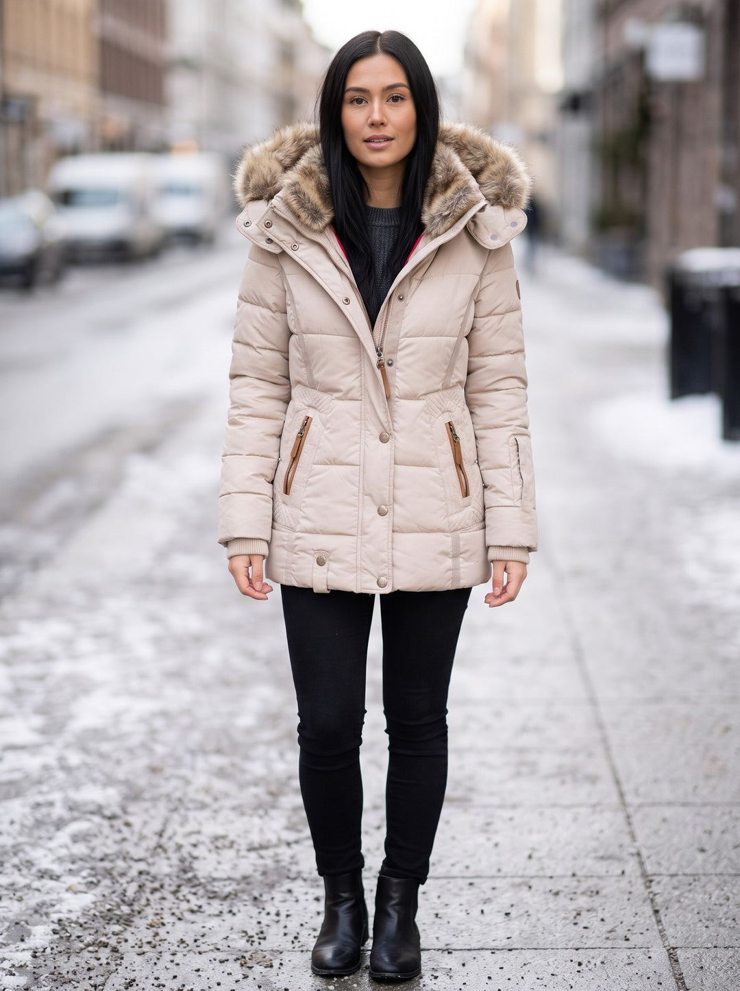 Women's Quilted Parka with Faux Fur Hood in beige