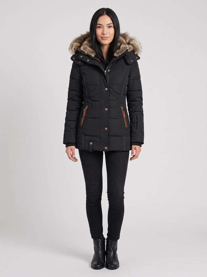 Women's Quilted Parka with Faux Fur Hood in black