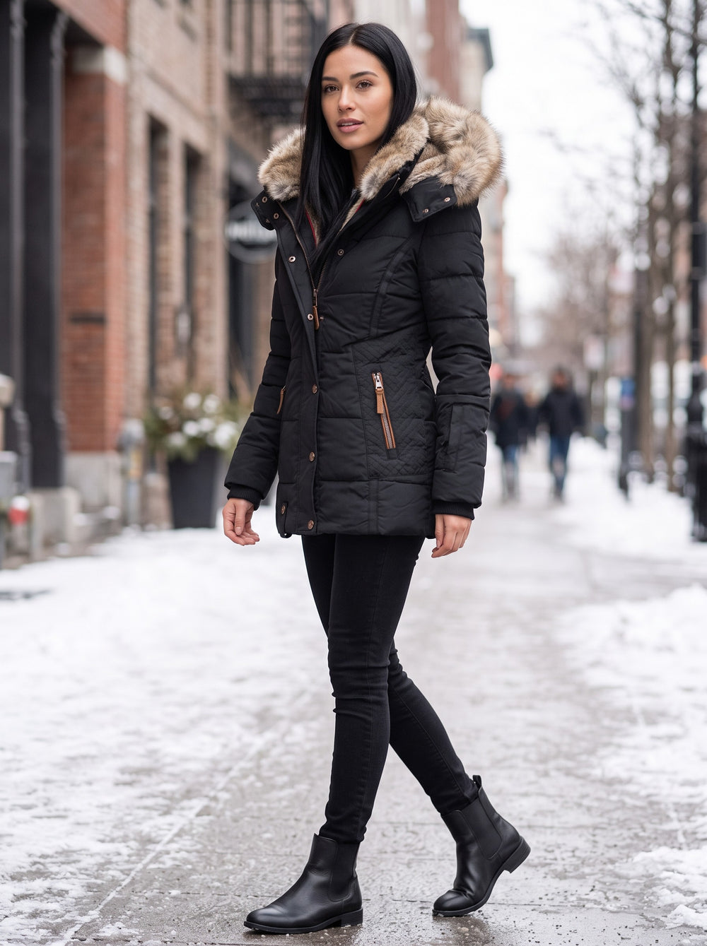 Women's Quilted Parka with Faux Fur Hood in black