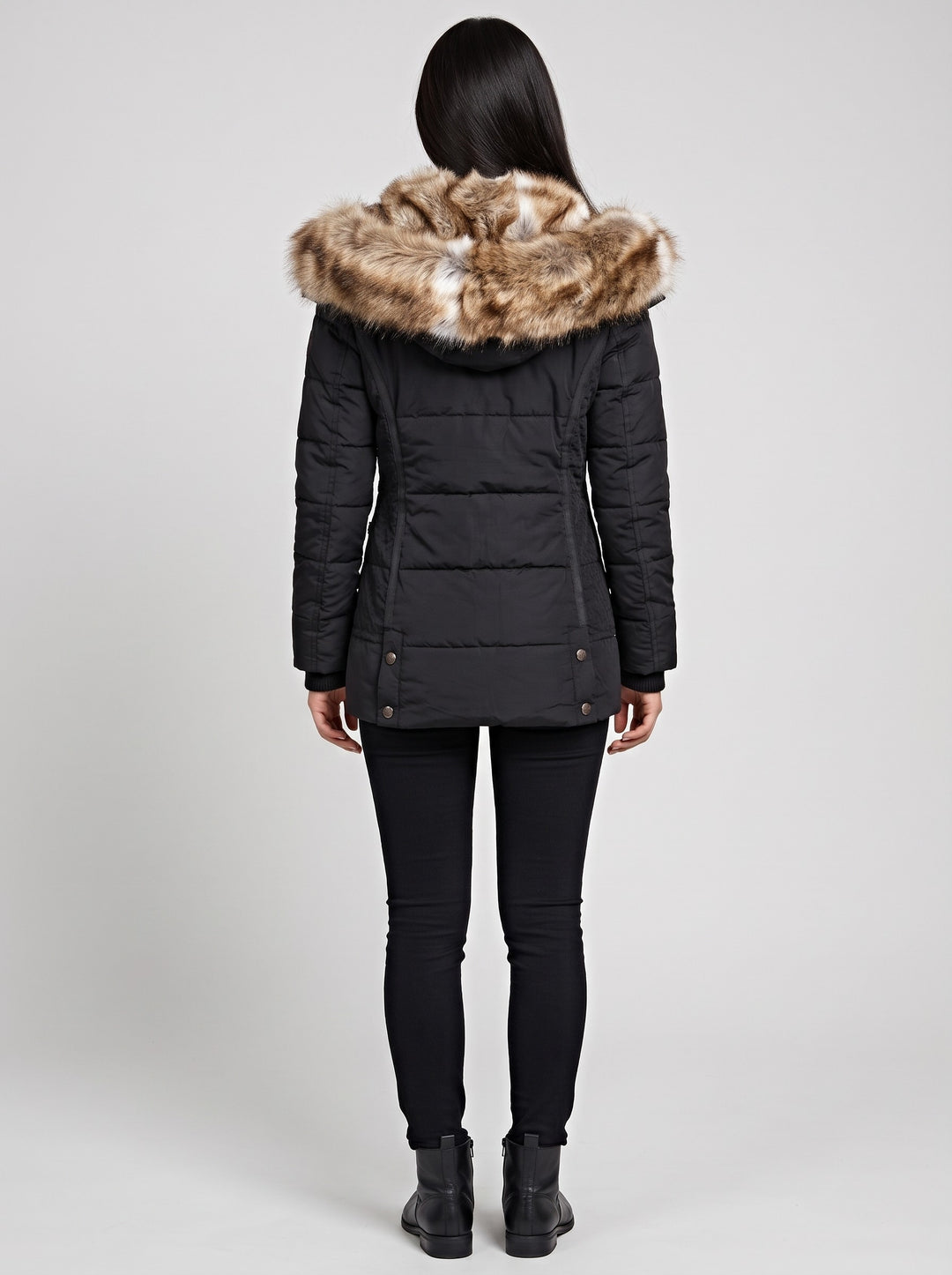 Women's Quilted Parka with Faux Fur Hood in black