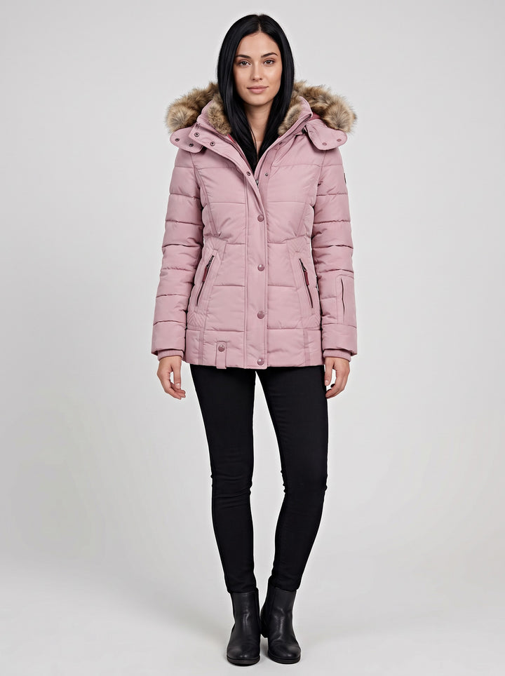 Women's Quilted Parka with Faux Fur Hood in pink